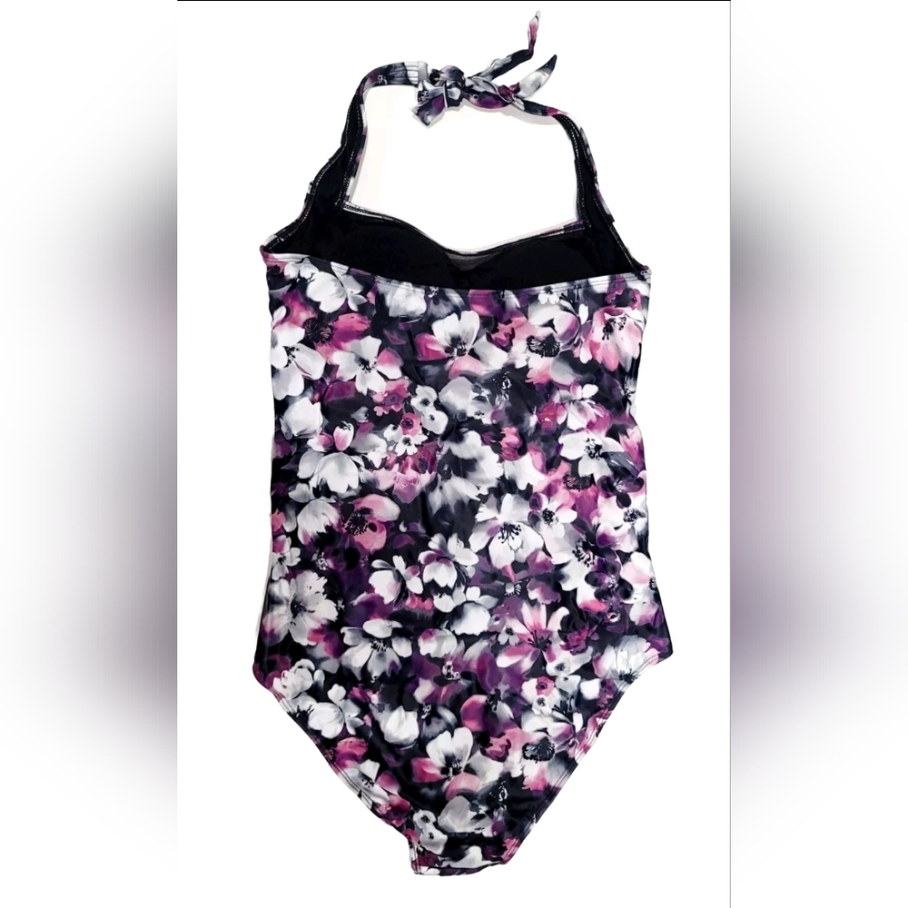 NWT Aqua Eve Women's Ruched Tummy Control Purple Floral Halter Slimming Swimsuit - Picture 7 of 13